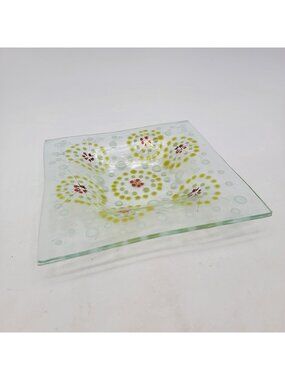 Square Fused Glass Dish With Flower Motif & Bubble Texture